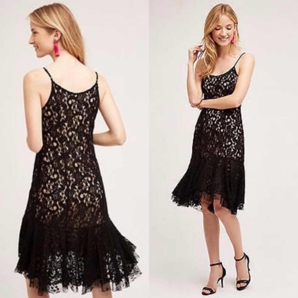 Anthro Cotrena Flounced Dress Lace Midi Trumpet - Picture 1 of 6